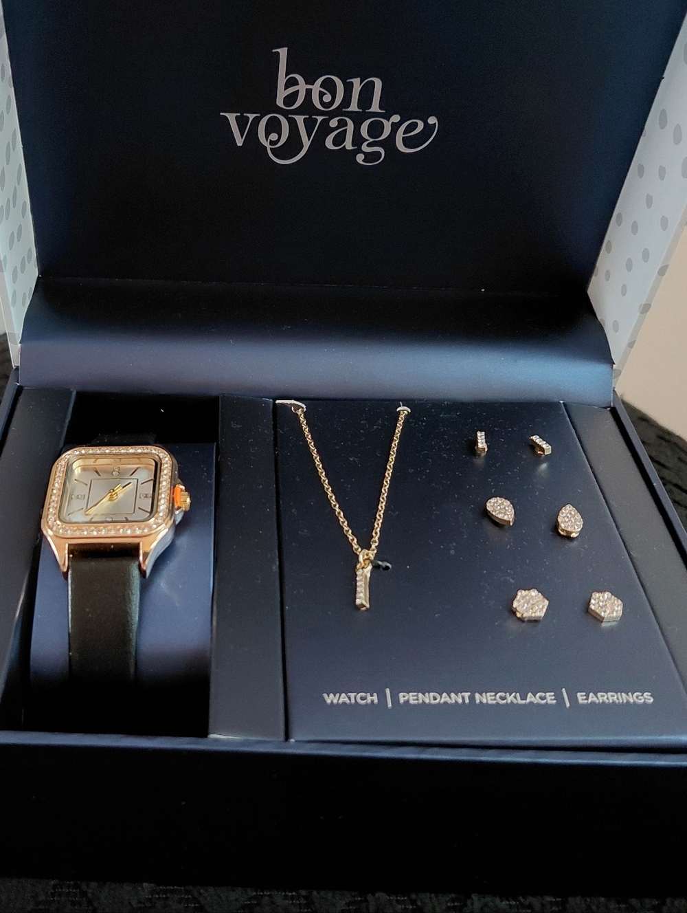 Bon Voyage Watch and CZ Jewelry Set in Gold and Black